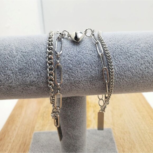 Couples or Friends Magnetic Heart Bracelets Silver Metal 2 Piece - Picture 2 of 3